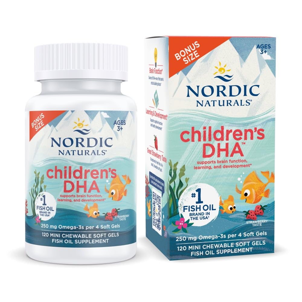Nordic Naturals DHA, Aardbei - 120 Mini Kauwbare zachte gels voor kinderen - 250 mg Omega-3 met EPA & DHA - Hersenontwikkeling & functie - Niet-GMO - 30 porties
