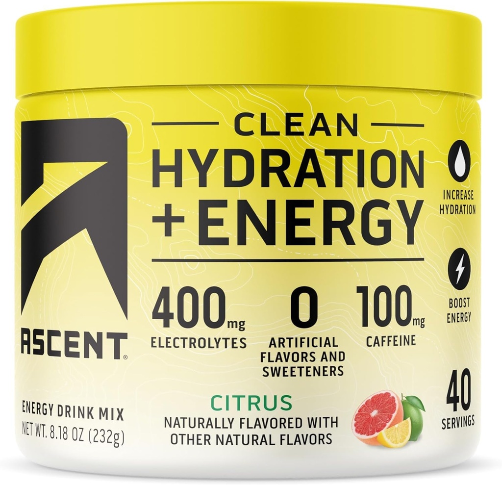 Ascent Clean Hydration + Energy Electrolytes Powder - 100mg Cafeïne, 400mg Elektrolyten, Geen kunstmatige ingrediënten, Citrus 40 Servers