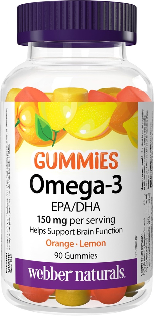 Webber Naturals Omega-3 Gummies 50 mg EPA/DHA · EPA/DHA, Oranje · Kers · Citroen, 90 Gummies