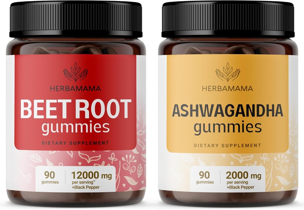 HERBAMAMA Beetwortel en Ashwagandha Kit - Bundel van 12000 mg Beetwortel met zwarte peper & 2000 mg Ashwagandha Root Gummies - Vegan, Gelatine-Free, Non-GMO