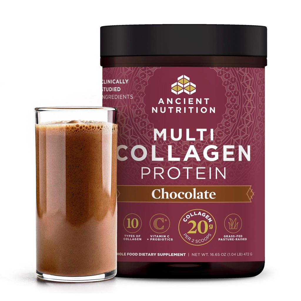 Ancient Nutrition Hydrolyzed Collagen Peptides Powder with Probiotics, Chocolate Multi Collagen Protein for Women and Men with Vitamin C, 40 Servings, Supports Skin and Nails, Gut Health, 16.65oz