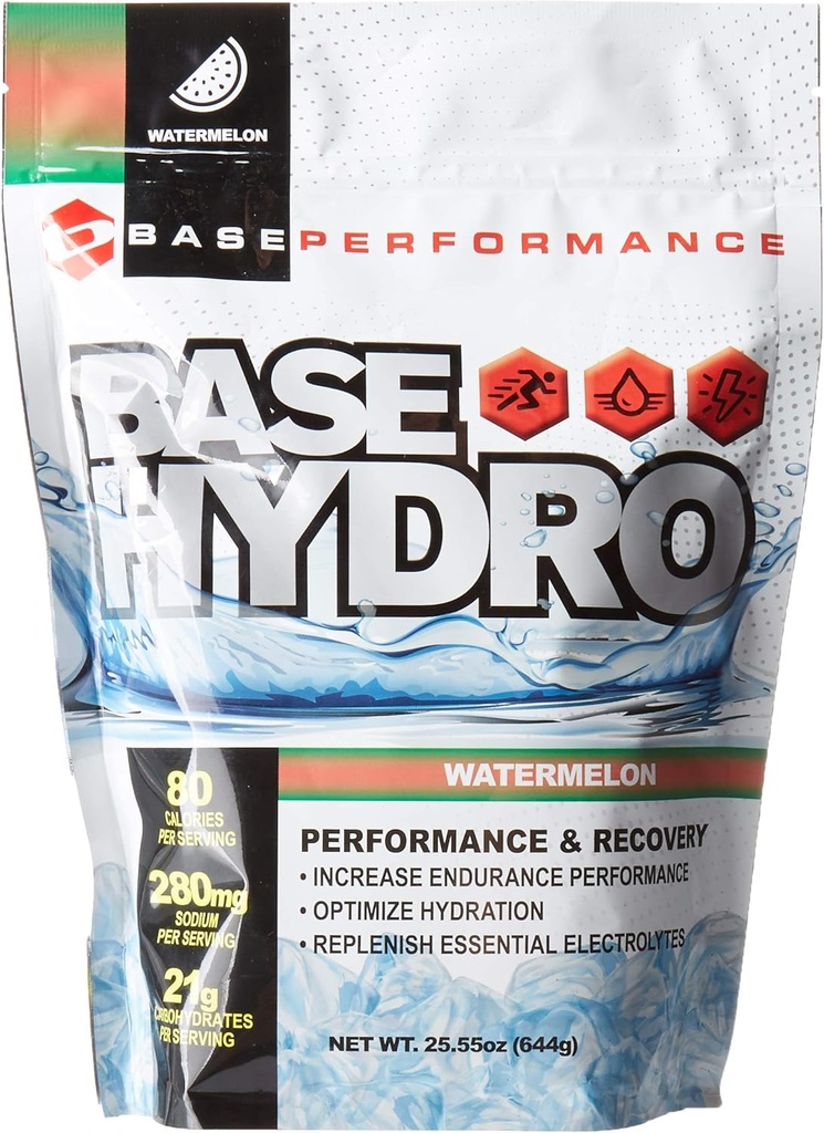 BASE Performance Hydro - Watermeloenen 28 Serves In elke eco-vriendelijke Mylar zak Blend van Dextrose, Fructose, maltodextrine en Essentiële Elektrolyten. (Watermeloen)