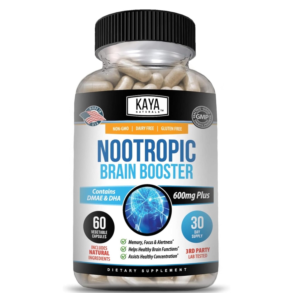 Kaya Naturals - Nootrope Brain Booster - for Memory & Focus - Brain Support Supplement - Focus & Concentration & Learning Accuracy - Cognitive Function - 60 Tel.