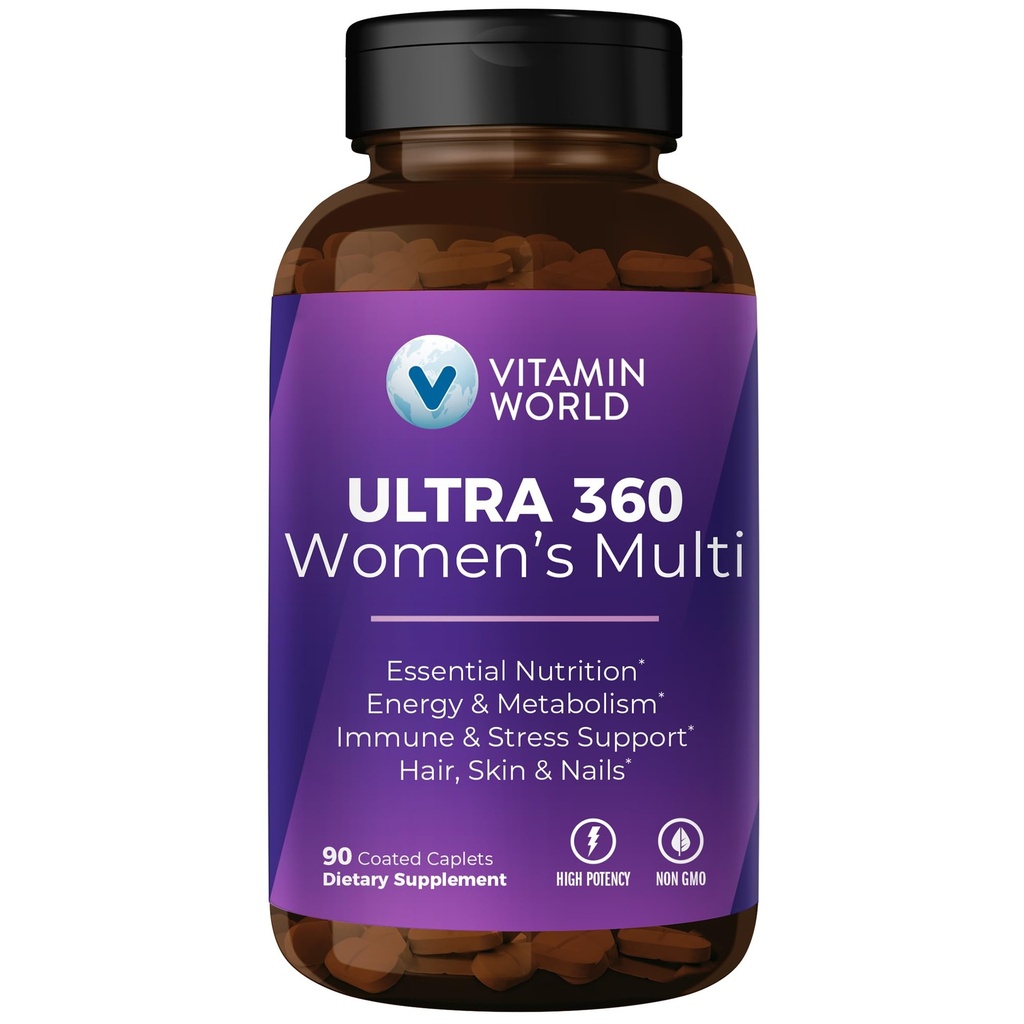Vitamine Wereld Ultra 360 Multivitamine voor vrouwen, Multivitamine voor vrouwen met kruiden & collagen voor haar, huid & nagels, supplement met ijzer, vitamine A, B, C, D, E voor energie & Immune Support, 90 caplets