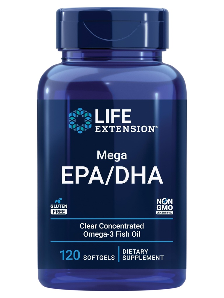 Levensverlenging Mega EPA/DHA, Omega-3 vetzuren, Hart- en Hersengezondheid, Non-GMO, Glutenvrij, 120 softgels