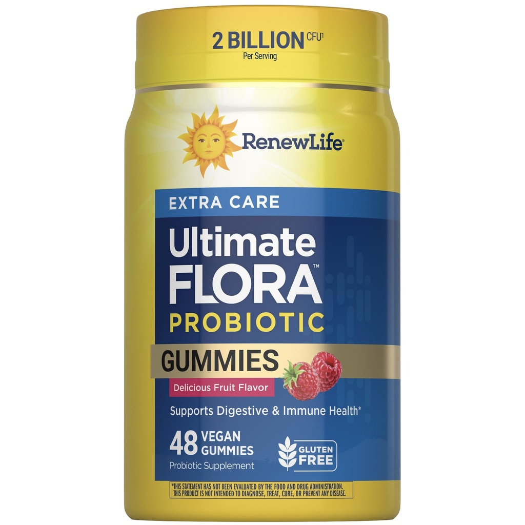 Renew Life Extra Care Digestive Prebiotic and Probiotic Gummies, Daily Supplement for Digestive and Immune Health, B. Coagulans and B. Subtilis, Dairy, Soy and gluten-free, 2 Billion CFU, 48 Count