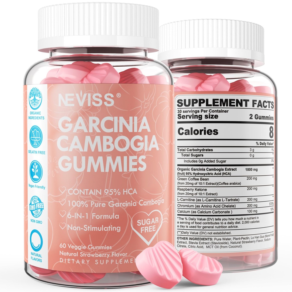 Suikervrije Garcinia Cambogia Gummies 1000mg 95% HCA Pure Extract met L-Carnitine, Raspberry Ketone, Chroom, Groene Koffie Bean voor Metabolisme, 100% Organisch Extract, Veganist, Aardbei Smaak 60 Ct