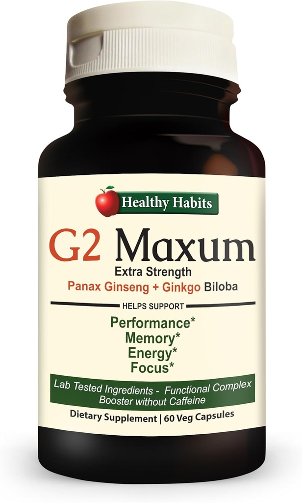 Gezonde Gewoontes G2 Maxum Extra sterkte Panax Ginseng Plus Ginkgo Biloba Vermengd om energie en cognitieve functie 60 Veg capsules per fles te ondersteunen