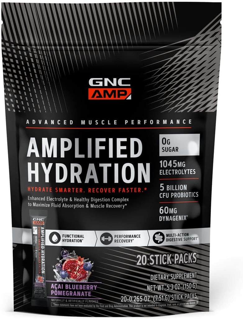 GNC AMP Amplified Hydration Electrolyte Powder Drink Mix Enhanced Electrolyte & Healthy Digestion Complex Acai Blueberry Pomegranaat 20 Tel.