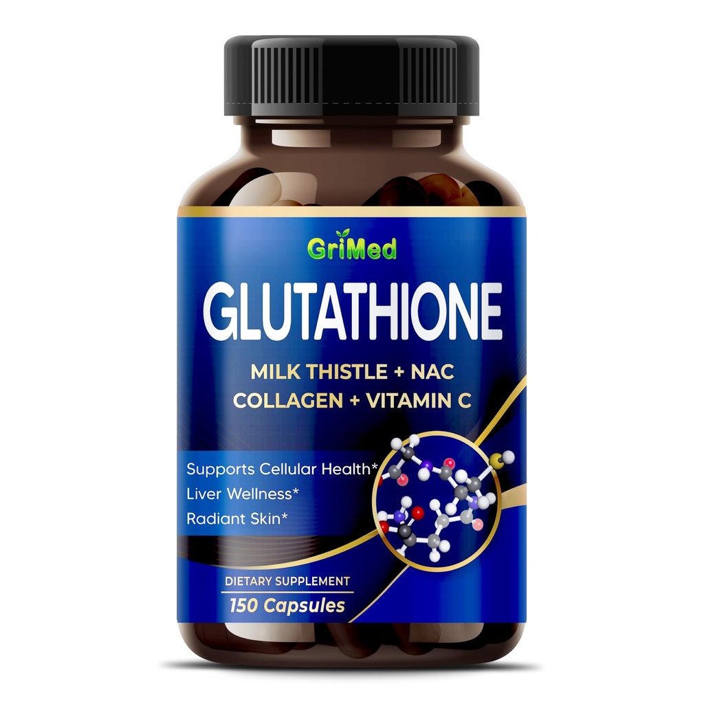 GriMed Glutathion 11,200mg - X10 Power with Milk Thistle, NAC, Collageen, Vitamine C - Cellular Wellness, Radiant Skin - USA Made & Tested (150 Count (Pack of 1))