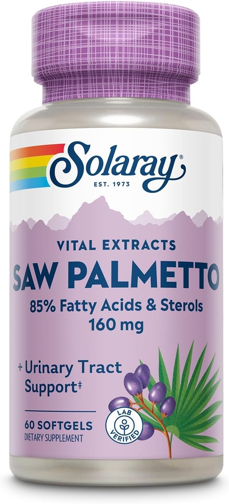 SOLARAY Saw Palmetto Extract - Prostaat Gezondheid en Urinaire Tract Ondersteuning - 136 mg vetzuren en sterolen - Lab geverifieerd, 60 dagen geld-terug garantie (60 porties, 60 Softgels)