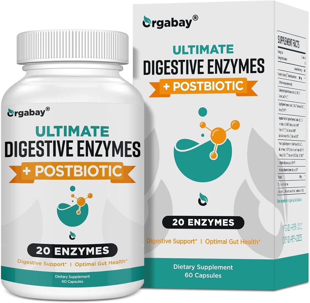Orgabay Digestieve Enzymen 1000mg met Postbiotica, 20 Enzyme Blend voor Bloating, Optimale Digestie en Gut Functie, 60 Veggie Capsules