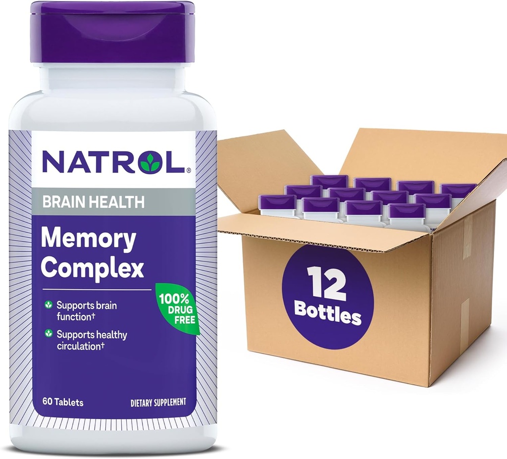 Natrol Geheugen Complex met Ginkgo Biloba 120 mg en B Vitaminen, Dieetsupplement voor Hersengezondheid en Geheugen Ondersteuning, 60 tabletten, 30 dagen levering (pakket van 12)
