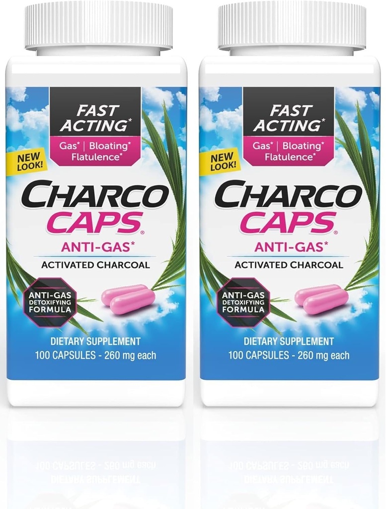 Charcocaps Fast Acting Gas Relief for Bloating & Flatulentie, Drug Free Detoxicing Activated Charcoal Formula, 100 Capsules, 30 Day Supply, Pink Pack of 2