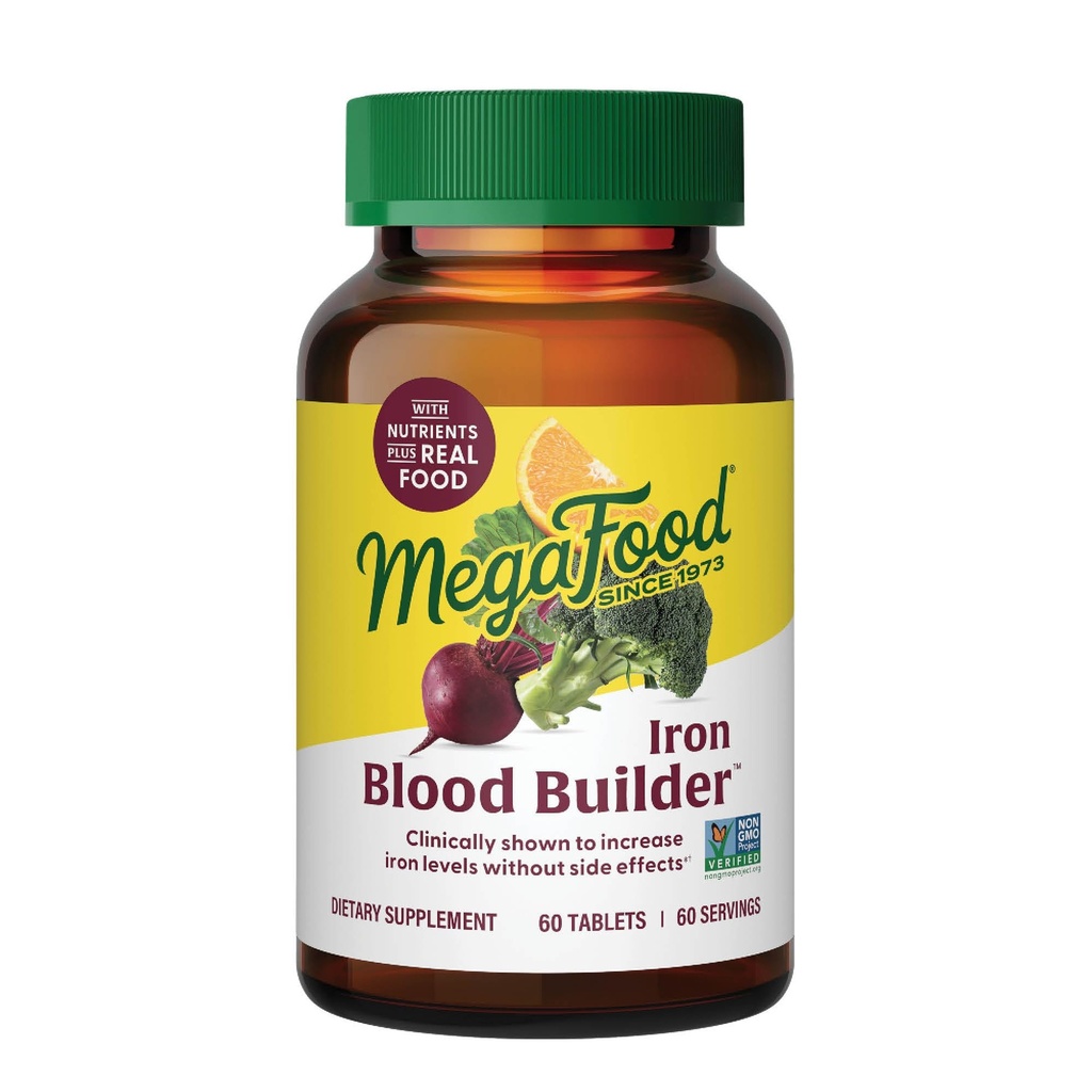 MegaFood Blood Builder Iron Supplement for Women & Men - Verhoog ijzerniveaus zonder bijwerkingen - Combats vermoeidheid - met vitamine B12, foliumzuur en vitamine C voor Absorptie - veganistisch - ongearomatiseerd - 30 Tellen (pakket van 1)