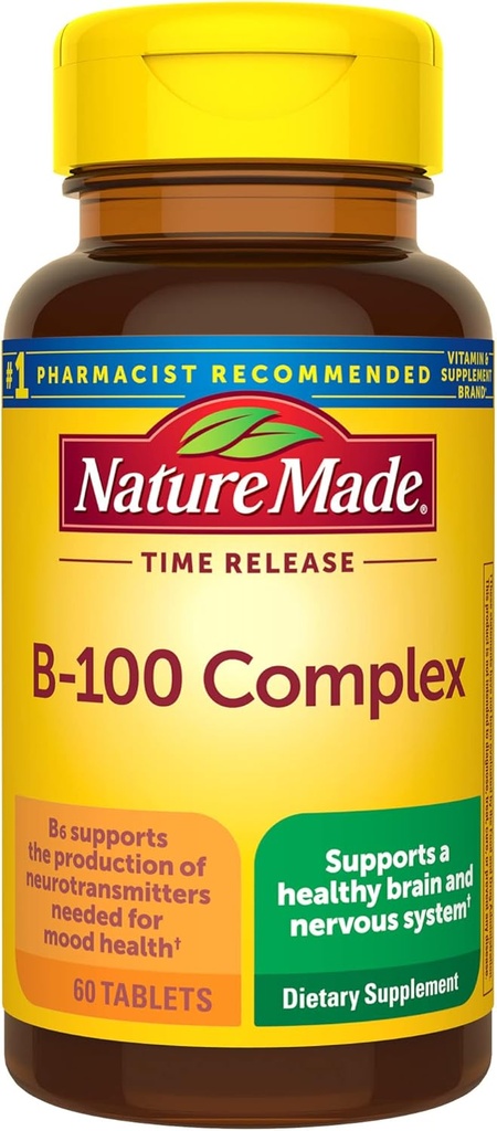Nature Made Time Release Vitamine B-100 High Potency B Complex, Dieetsupplement voor de functie van het zenuwstelsel Ondersteuning, 60 Time Release Tablets, 60 Day Supply