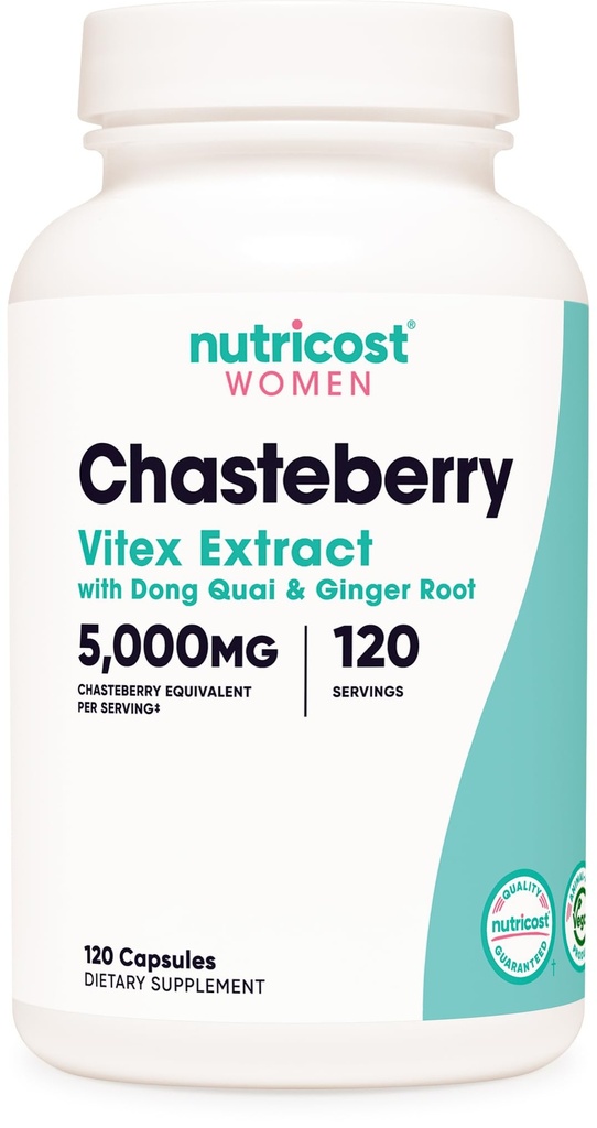 Nutricost Chasteberry Supplement for Women 120 Capsules, 5000mg Equivalent Per Serving (van 500mg van 10:1 Extract), met Dong Quai & Gember Root Extract, Vegetarisch, Glutenvrij & Non-GMO