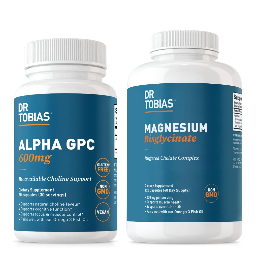 Dr. Tobias Alpha GPC & Magnesium Bisglycinaat - ondersteuning van hersenfunctie & algehele gezondheid met hoge absorptiesupplementen, non-GMO
