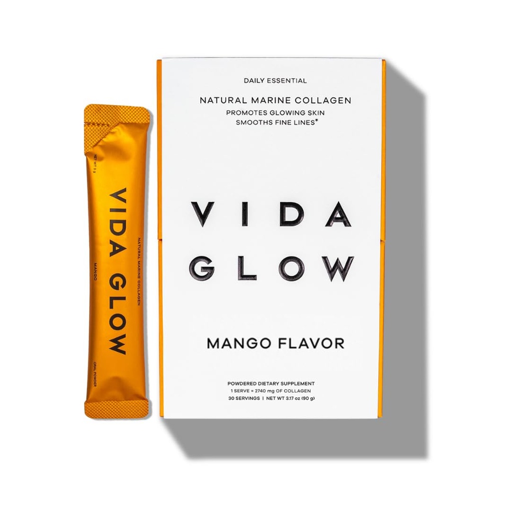 Vida Glow Marine Collageen Powder - Anti Veroudering Supplement met Collageen Peptides, Promoot gloeiende huid, sterke nagels, gezonde haren 30 porties, Mango smaak