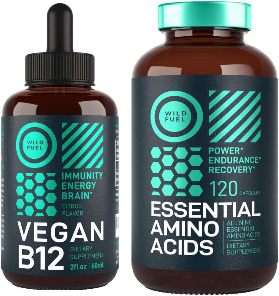 WILD BRANDSTOF Essentiële Aminozuur Supplement en Vegan Vitamine B12 Liquid Energy Bundle