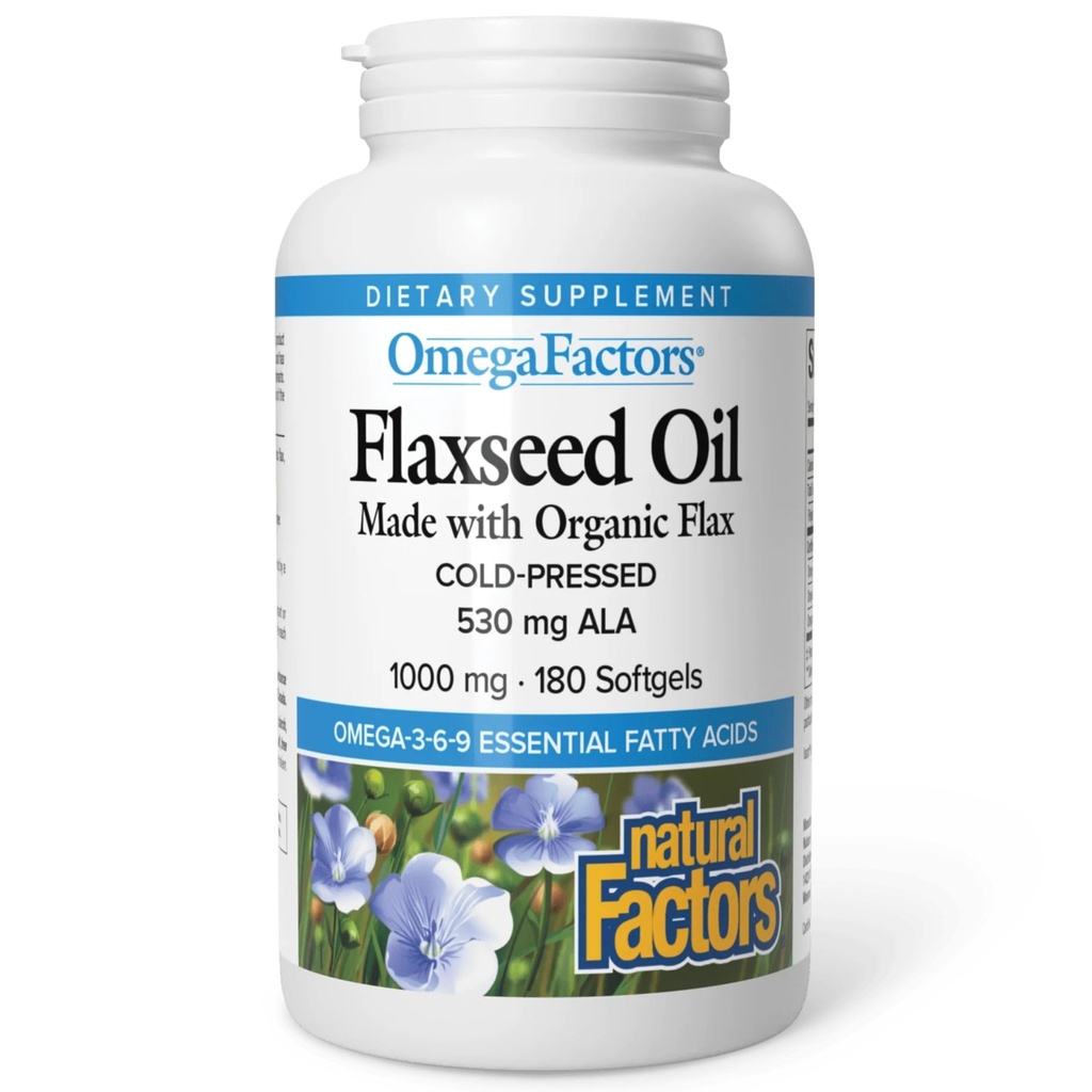 Omega Factors by Natural Factors, Flaxseed Oil, ondersteunt totale gezondheid met Omega-3, 6 en 9 vetzuren, 180 softgels (180 porties)