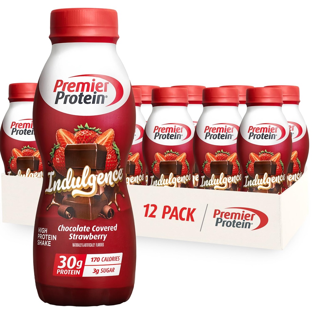 Premier Protein Indulgence Proteïne Shake, 30g Proteïne, 3g Suiker, Chocolade Bedekte Aardbei, 11.5 fl oz, Verpakking van 12