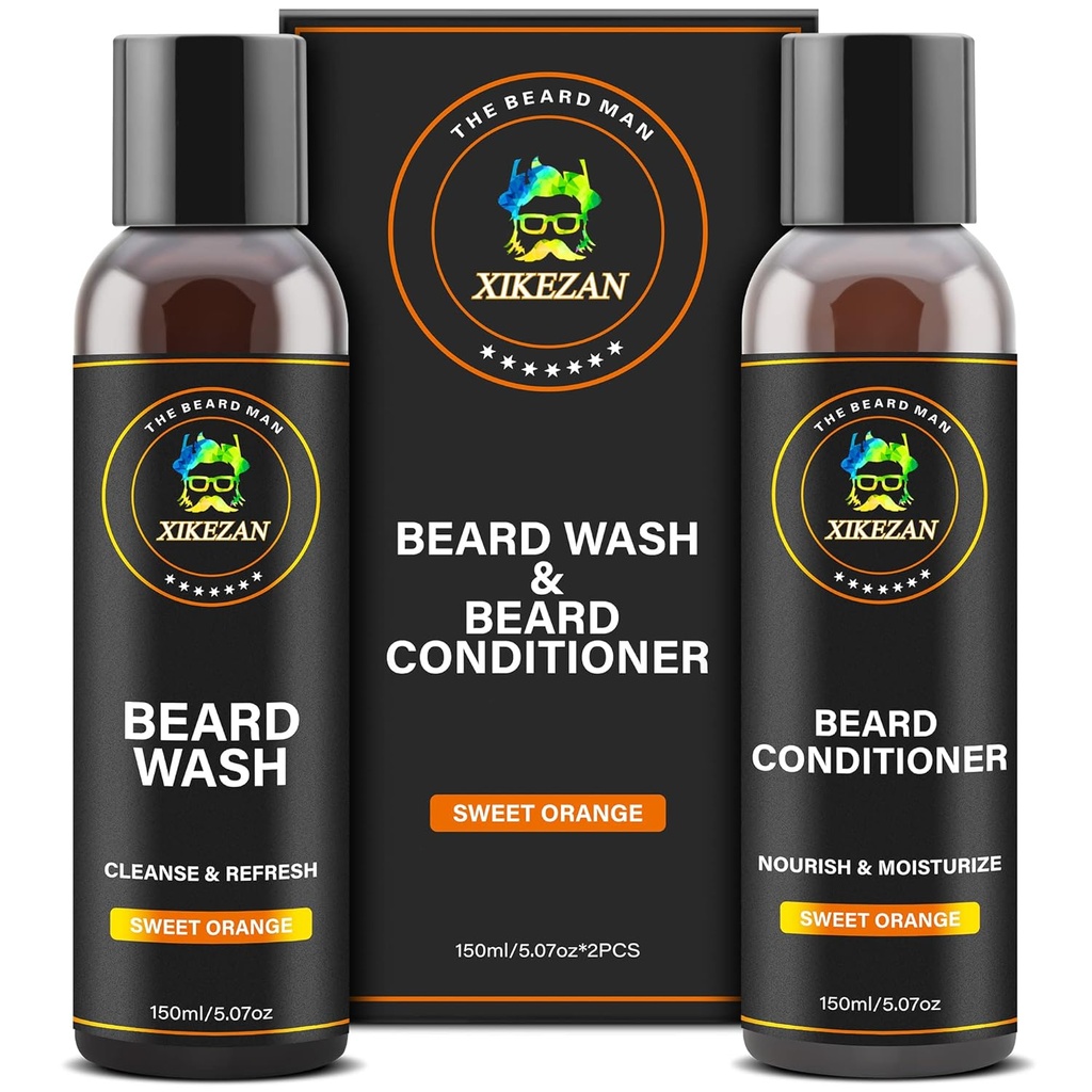 XIKEZAN Beard Wash & Beard Conditioner Natural Softener Set w/Argan & Jojoba Oils Smooths & Strengthens Christmas Stocking Stuffers Father Day Gifts for Men Him Dad Boyfriend Husband