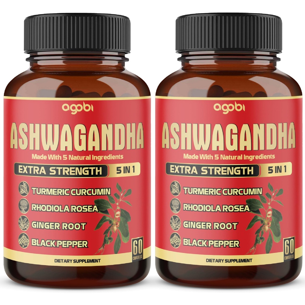 2 Packs - 60 Capsules Ashwagandha Capsules - High Concentrated - 5in1 Formula Ashwagandha, Turmeric, Rhodiola Rosea, Ginger, Black Pepper - 4 Month Supply