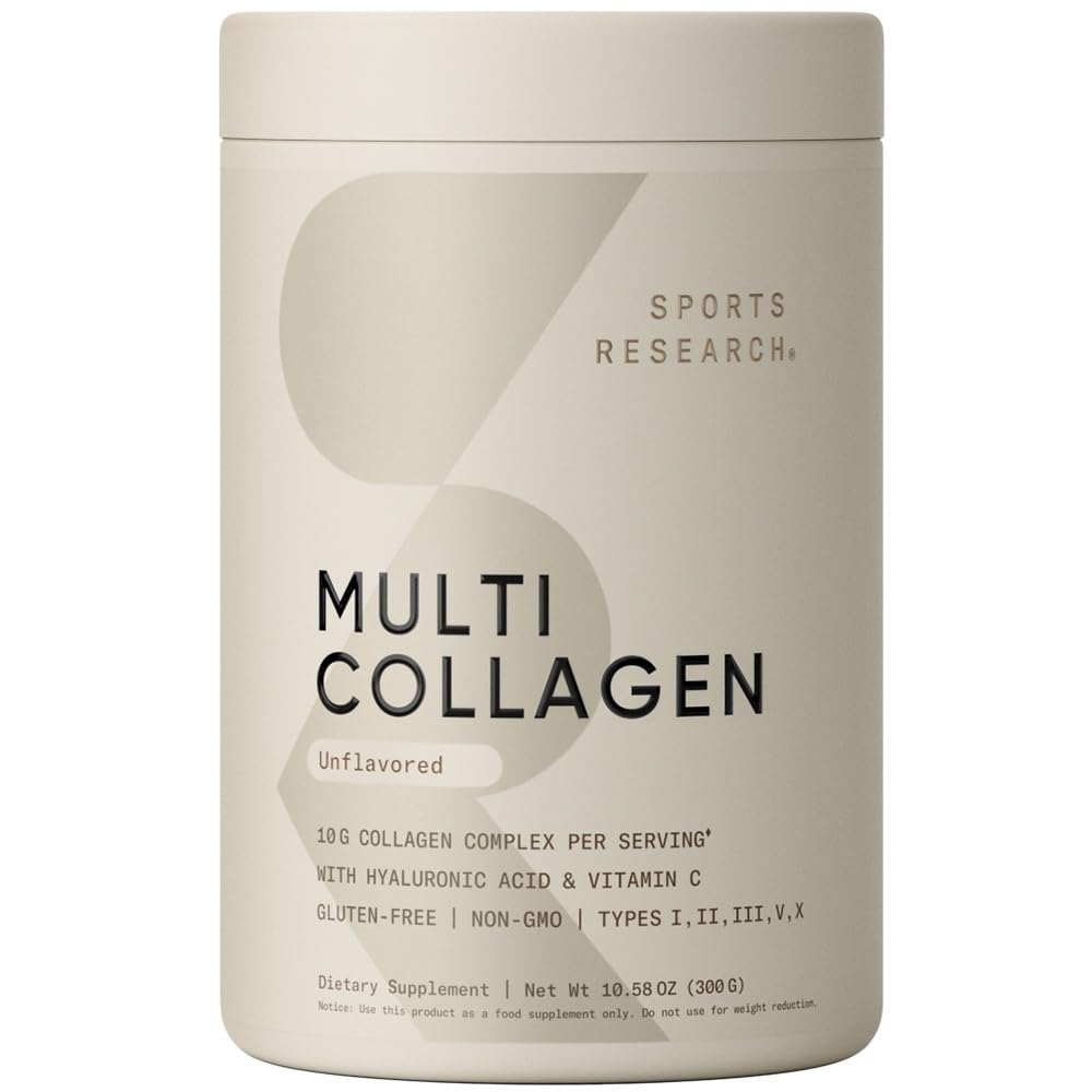 Sports Research Multi Collagen Protein Powder (Type I, II, III, V, X) with Hyaluronic Acid + Vitamin C | 5 Types of Food Based Collagen, 30 Servings (Unflavored)
