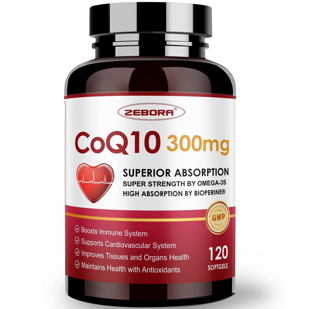 ZEBORA CoQ10-300mg-Softgels met PQQ, BioPerine & Omega-3, 120 Servings Coenzyme Q10 (Ubichinon) Supplement voor hoge absorptie, krachtige antioxidant, ondersteuning hart-gezondheid en energieproductie