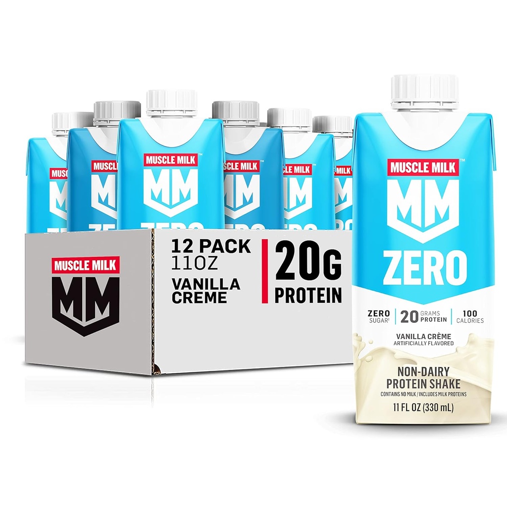 Muscle Milk Zero Protein Shake, Vanilla Crème, 11 Fl Oz Karton, 12 Pack, 20g Proteïne, Zero Sugar, 100 Calorieën, Calcium, Vitaminen A, C & D, 4g Fiber, Energizing Snack, Verpakking mei Vary,12 Tellen (Pack of 1)