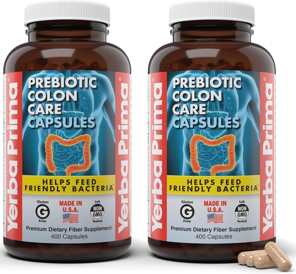 Yerba Prima Prebiotic Colon Care Capsules, 400 Caps (Pack of 2) - Five Forms of Dietary Fiber Supplement - Healthy Soluble & Insoluble Fibers for Regularity & Digestive Support
