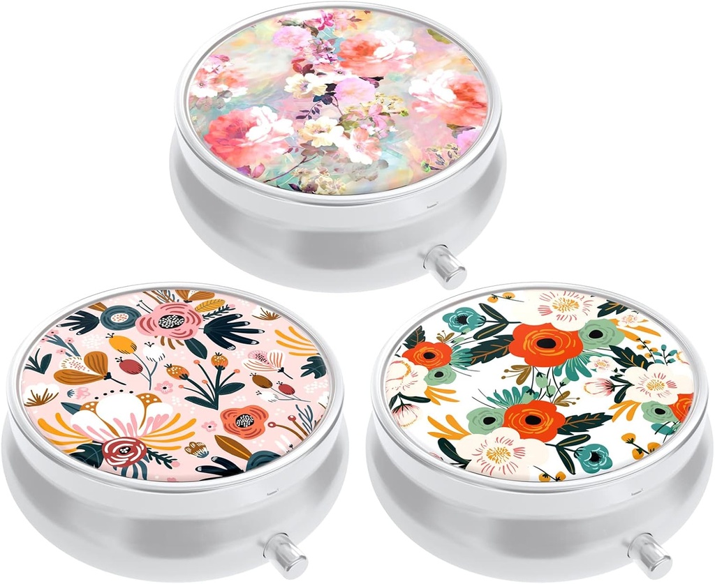 3 Pack pil Box, kleine pil geval voor portemonnee & zak, leuke reis medicijnen Organisator, draagbare geneeskunde container houder om vitamines te houden, medicijnen, visolie & supplement, roze witte bloemen