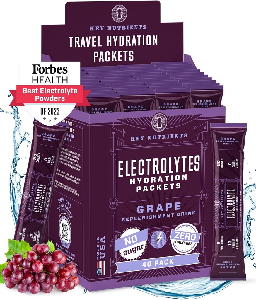 KEY NUTRIENTS Electrolytes Powder Packets - Fruity Grape 40 Pack Hydration Packets - Travel Hydration Powder - No Sugar, No Calories, Gluten Free - Made in USA