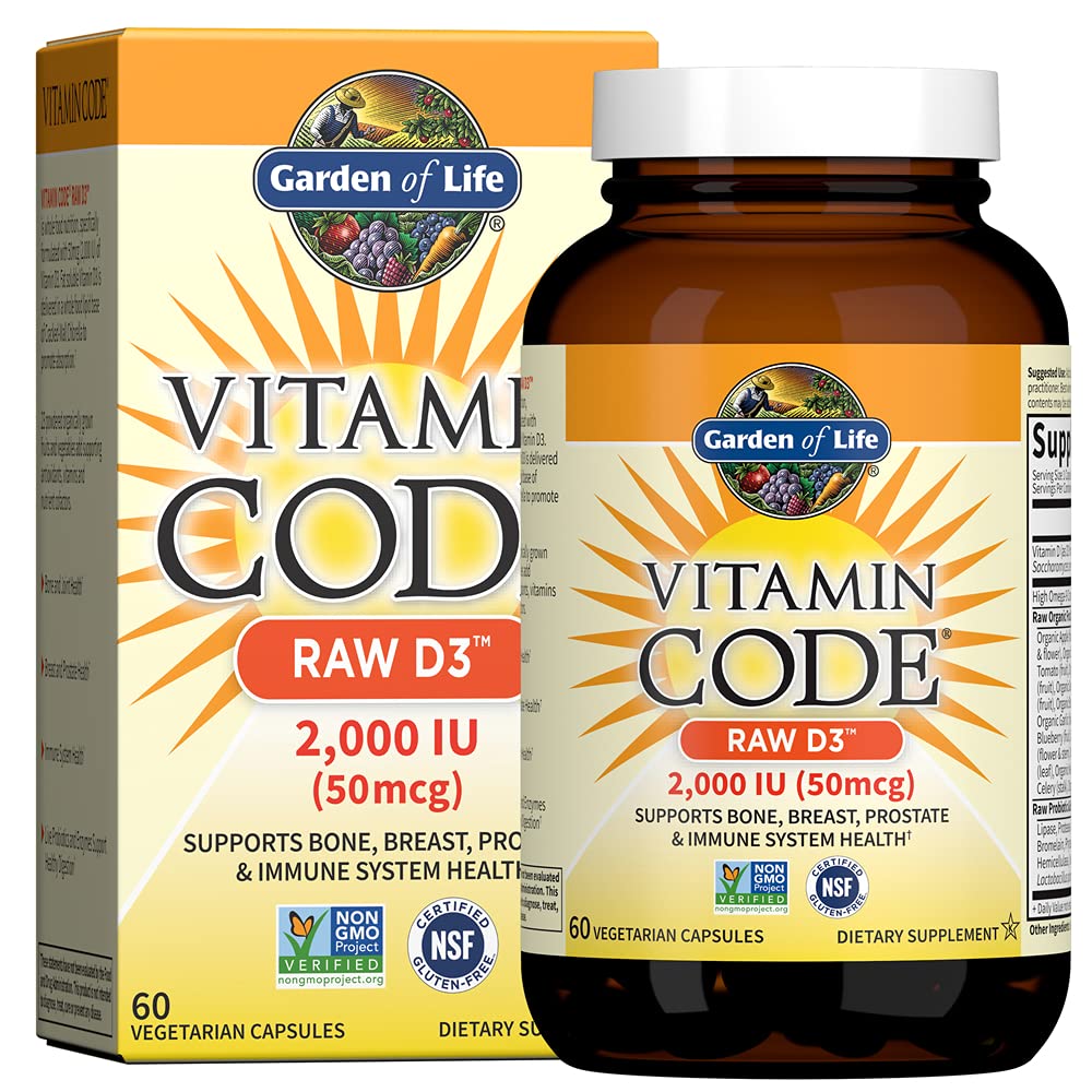 Garden of Life Vitamine D, Vitamine Code Raw D3, Vitamine D 2.000 IE, Raw Whole Food D3 Supplementen met Chlorella, Fruit, Veggies & Probiotica voor Bone & Immune Health, 60 Vegetarische Capsules