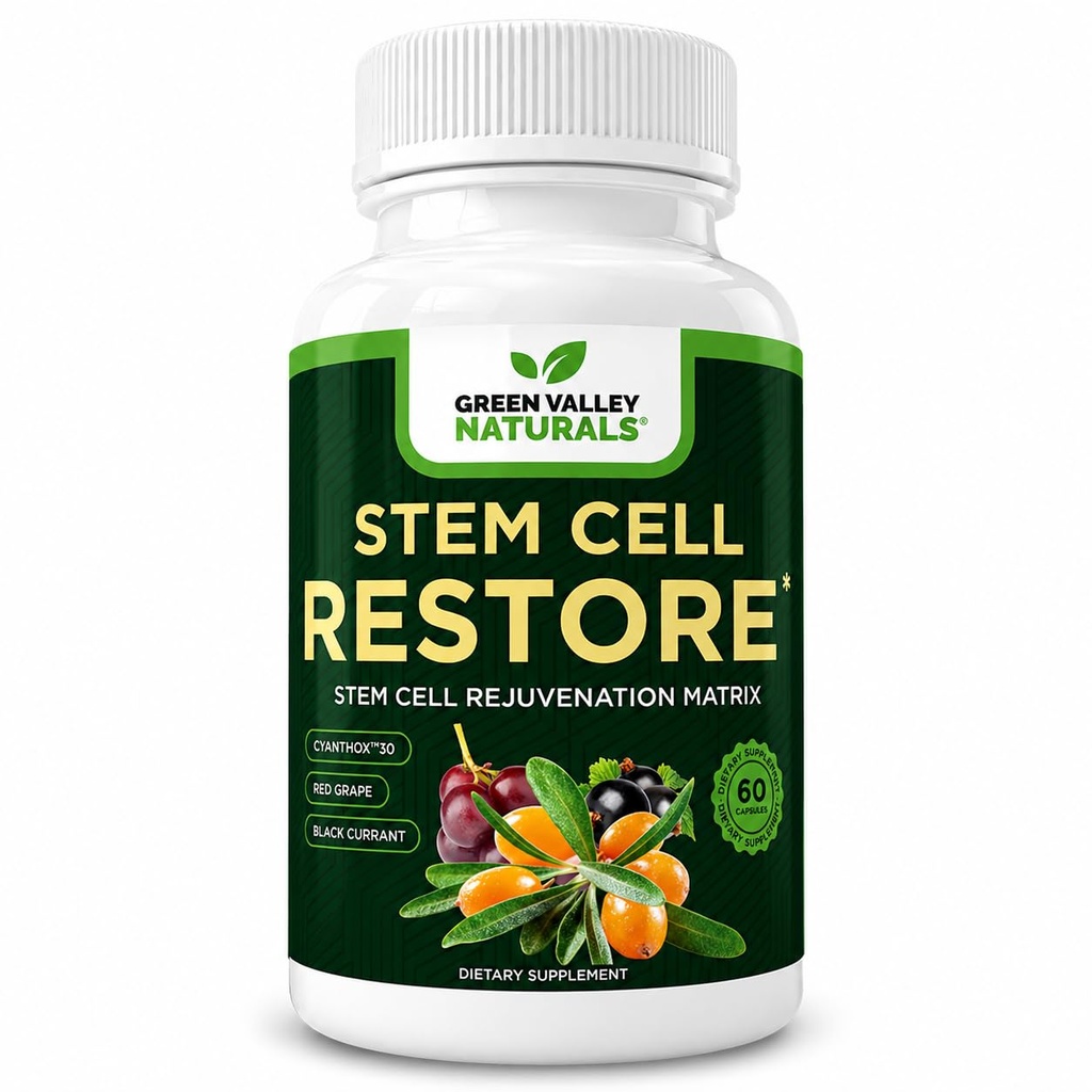 GREEN VALLEY NATUURLINGEN Stam Cell Supplement - Biologische Tibetaanse Zee Buckthorn-Resveratrol, Vitamine D, Bishop's Hat Extract (1 fles, 60 telling)