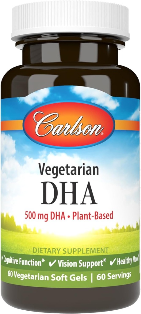 Carlson - Vegetarian DHA, 500 mg DHA, Plant Based, Duurzaam Bron van Algen, Hersenondersteuning, Mood Health, 60 Softgels