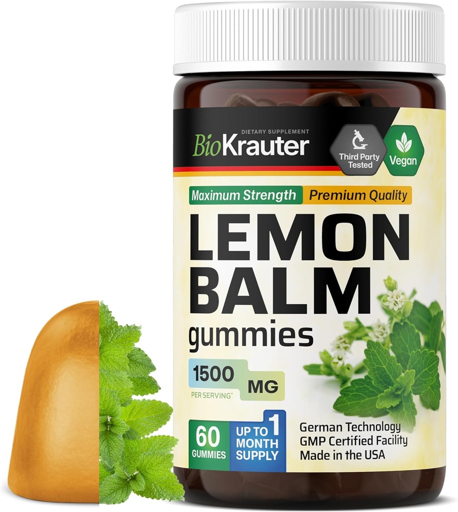 BIO KRAUTER Lemon Balsem Gummies - 1500 mg sterkte - 60 Vegan Kauwen - Kalmte ondersteuning - Lemon Balsem blad Extract - Gelatine-vrij