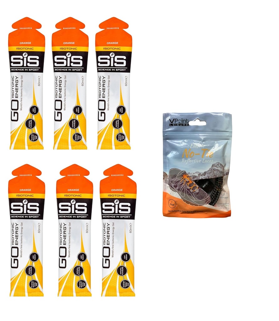 Wetenschap in Sport GO isotone Energie Gels - 6 x 60ml Packs Bundel met elastische No-Tie Schoen Laces. Veganistisch, Lactosevrij, Glutenvrij, Tarwevrij, Nootvrij, Sojavrij (Orange)