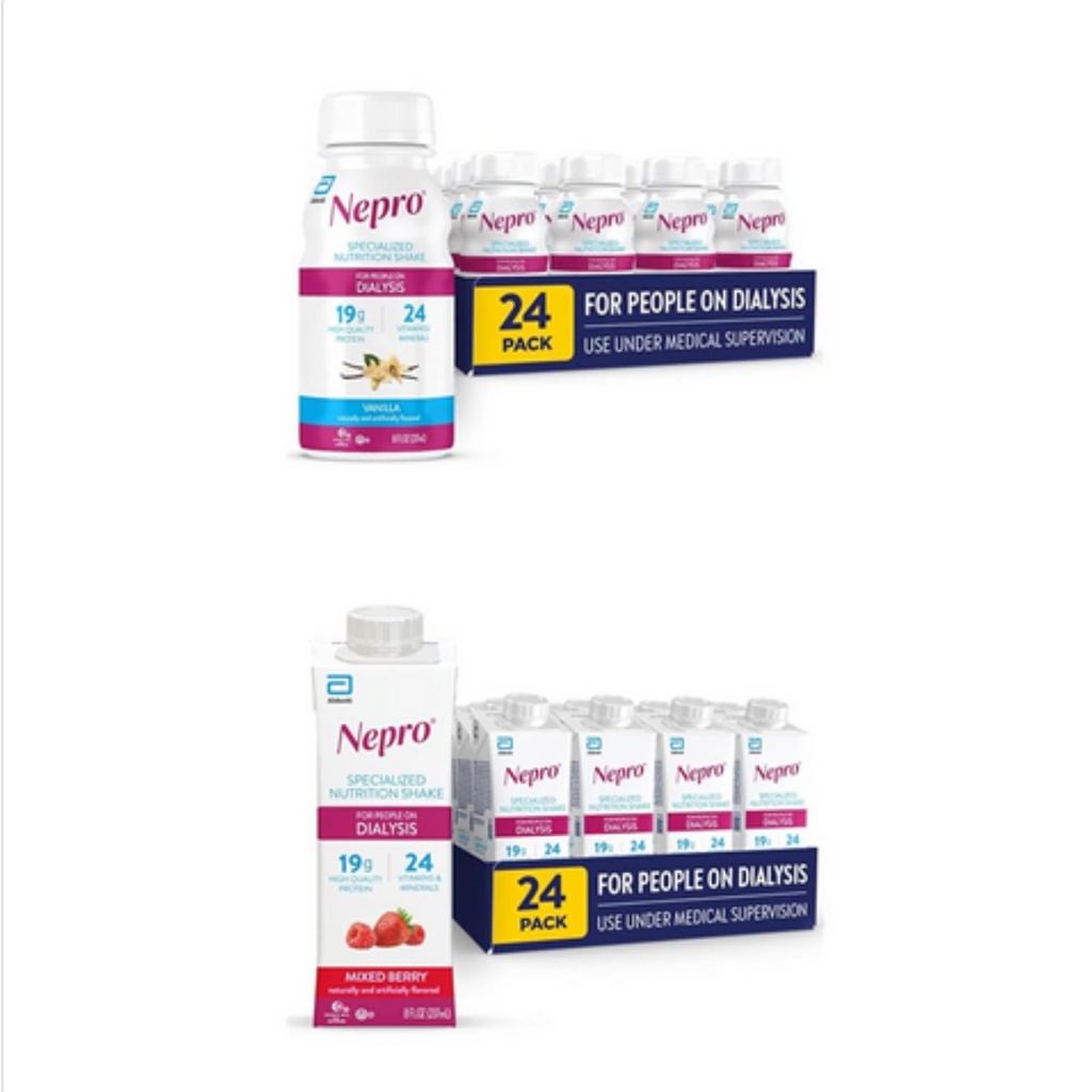 Nepro Nutrition Shake for People on Dialyse, Vanilla, 8 fl oz, (pakket van 24) & Nepro Nutrition Shake for People on Dialyse, Mixed Berry, 8 Fl Oz (pakket van 24) Totaal 48
