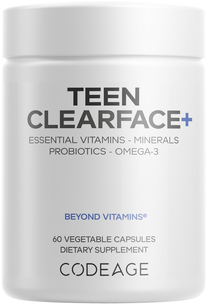 Codeage Tiener Clearface Adolescent Face, Skin & Pimples, Vitamines A, C, D3, E, Pantothenic Acid, Niacin, Zink Supplement Tieners, Probiotica, L-Lysine, Omega-3, Oily Skin, Pores, Spots - 60 Capsules