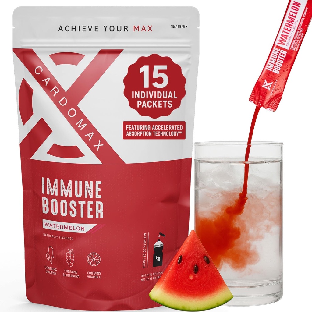 CardoMax Immunity Booster Liquid Drink Mix met Ginseng en vitamine C voor kinderen en volwassenen, Immune Support Supplement voor Energie en Wellness, Watermeloen smaak, 15 Single-Serve Liquid Stick Packs