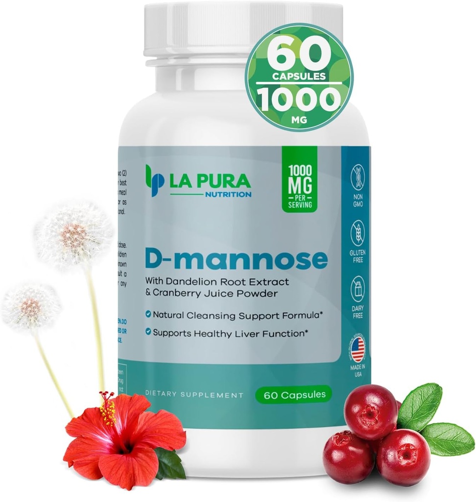LaPura D-mannose 1000 mg Supplement with Cranberry Juice Powder, Hibiscus Flower & Dandelion Herb Extract, 60 Capsules - Natural Cleansing Support, Healthy Liver, Bladder, Urinary Tract Function
