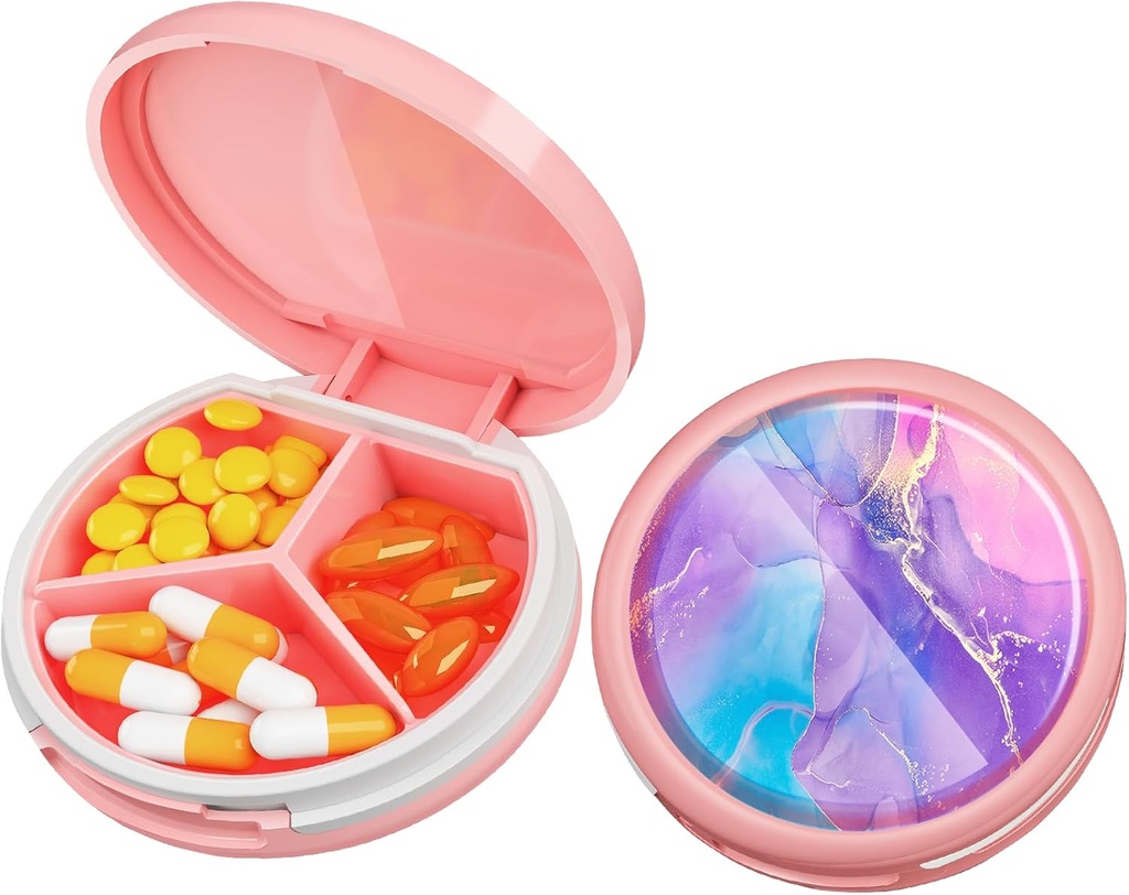 Serfeymi Small Pill Box - 3 Compartments Portable Pill Box for Purse Pocket, Compact Mini Travel Pill Case - Geschikt voor geneeskunde, vitamine, visolie, supplementen - Pink(Fluid Art)