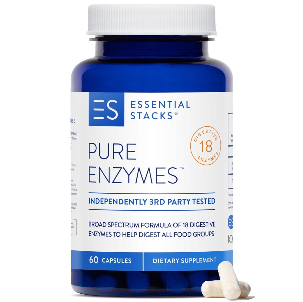 Essentiële Stacks Pure Digestieve Enzymen (Gluten, Dairy & Soy Free) - 18 Enzymen voor Digestie incl. Amylase, Lipase & Lactase - Vegetarisch & Non-GMO (60 capsules)