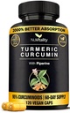 Kurkuma Curcumine met Black Pepper Extract (Piperine) - 120 Veggie Tumeric Capsules - Premium 95% Gestandaardiseerde Curcuminoïden - Hoge Absorptie & Potentie - Gezamenlijke Ondersteuning Supplement