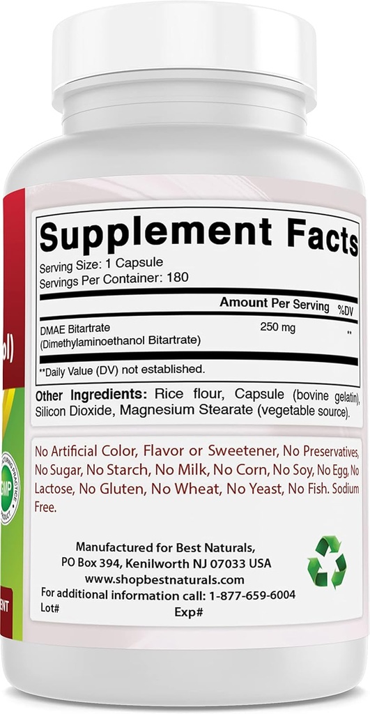 Best Naturals DMAE Supplement 250 mg & vitamine B1 als Thiamine Mononitraat 100 mg