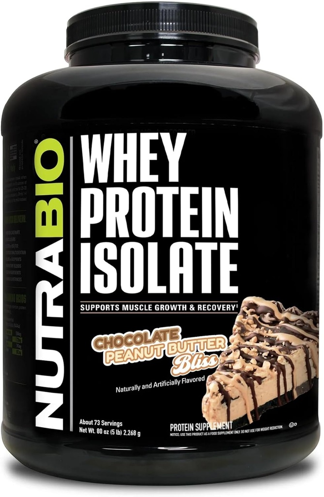 NutraBio 100% Wei Proteïne Isolaat Proteïne Poeder, 25g Proteïne met Compleet Aminozuur Profiel, Non-GMO, Soja & Gluten Vrij, Low Carb, Lage Calorie Wei Proteïne Poeder, Chocolade Pinda Boter, 5 Lbs