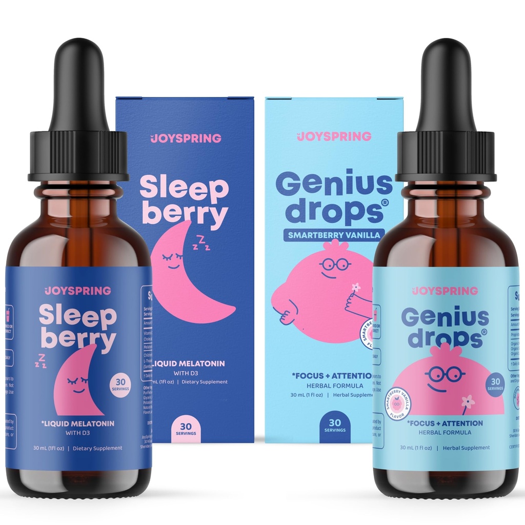 JoySpring SleepBerry Liquid Melatonine en Genius Drops Smartberry Vanille voor kinderen