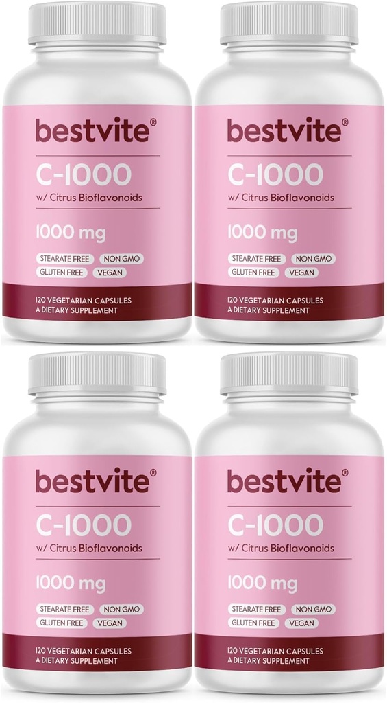 BESTVITE Vitamine C 1000mg (480 Vegetarische Capsules) (120 x 4) met Citrus Bioflavinoïden - Geen Stearates - Veganistisch - Niet GGO - Glutenvrij